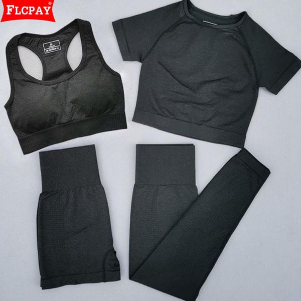 

women seamless yoga 4pcs set fitness sports 5pcs suits short sleeve crop high waist leggings sports bra shorts gym clothing, White;red