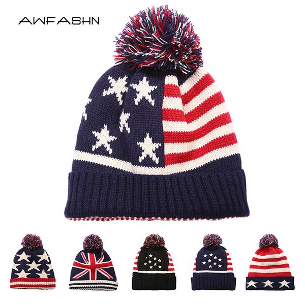 

2019 new winter pompom knit hat women men american flag casual hat cotton soft cap warm thicken hedging cap bonnet