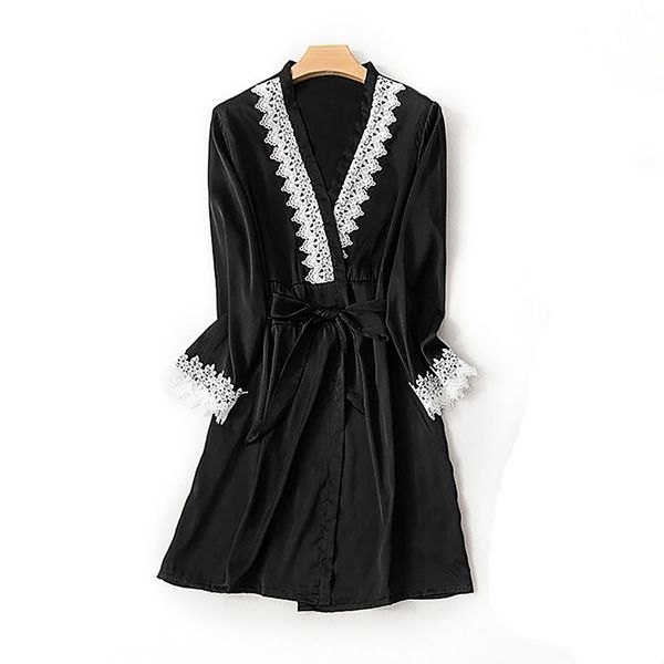 

women sleepwear lace silk lingerie lady nightdress robe pajamas bathrobe female solid szlafrok batas de seda de mujer, Black;red