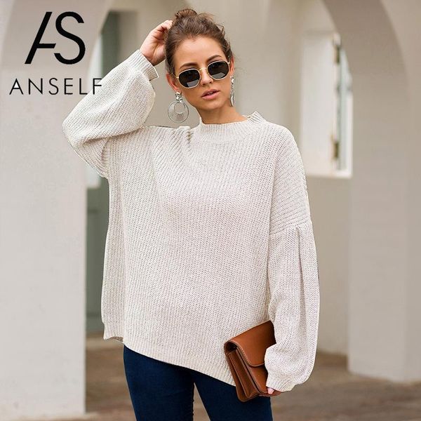 

anself sweaters women 2019 autumn winter knitted pullover sweater lantern sleeves ribbed mock neck jumpers knitting female, White;black