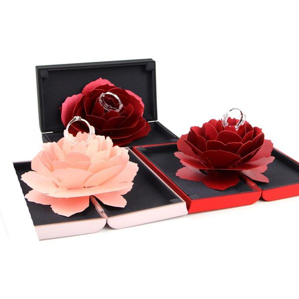 

beautiful rose flower wedding engagement rings box surprise wedding decoration jewelry storage holder gift box 4 colors, Black
