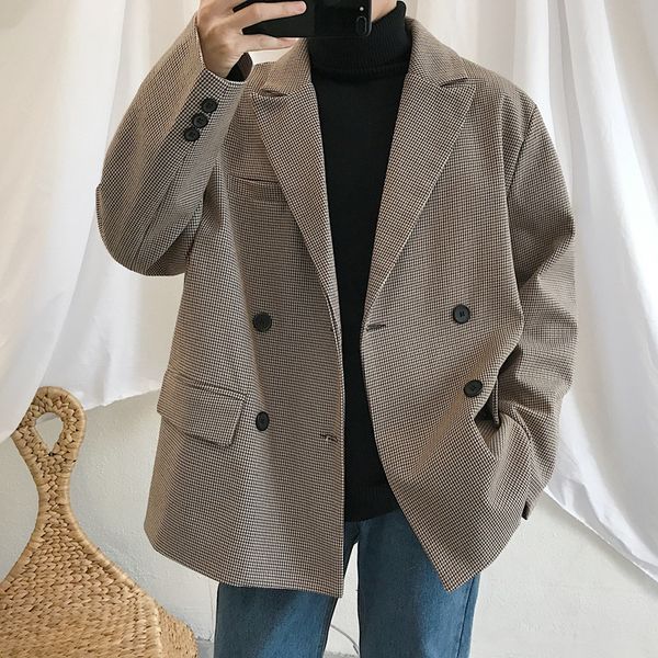 

winter man jacket korean style men blazer jacket high street outwear long sleeve men suit loose casual plaid blazer, White;black