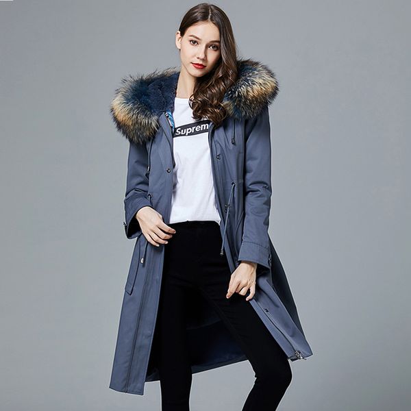 

fur real coat female fur liner parka winter jacket women raccoon collar long jackets for women warm outwear s, Black