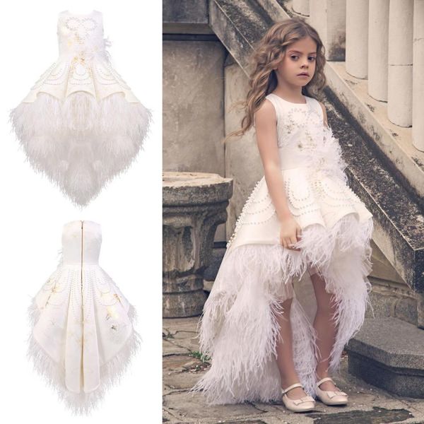 

white feather flower girls dresses sleeveless fashion tiered tutu girls pageant gowns gorgeous puffy hi lo prom summer dresses, White;blue