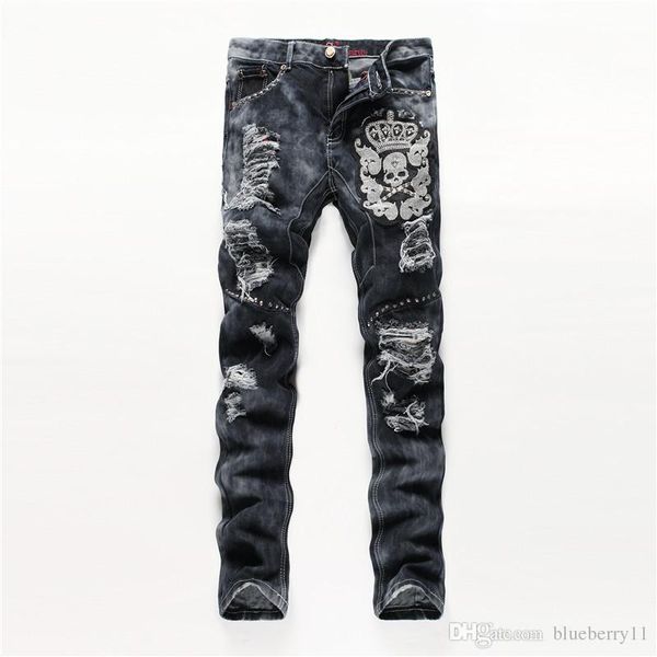 

2018 fashion embroider men's distressed ripped skinny jeans designer mens long jeans slim mens denim pants hip hop men jeans black, Blue