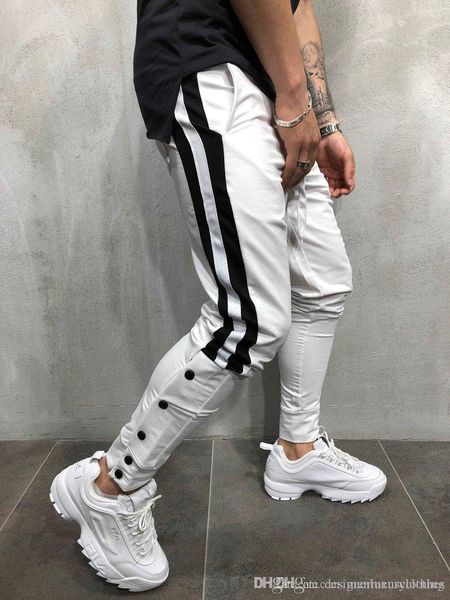 

мужские дизайнерские street pantalones брюки полосатый пуговицы дизайн карандаш шаровары повседневные спортивные joggers, Black