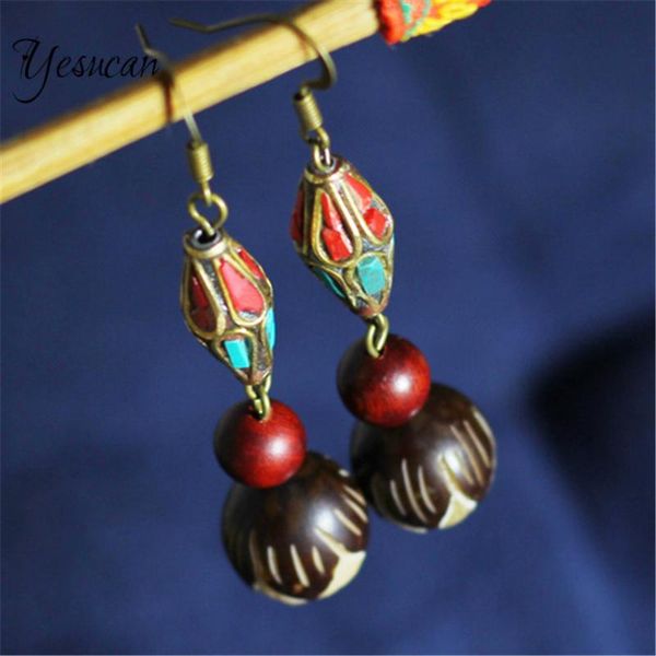 

boho natural bodhi carving handmade copper drop earrings ethnic vintage stone dangle hook earrings for women classic jewelry, Silver