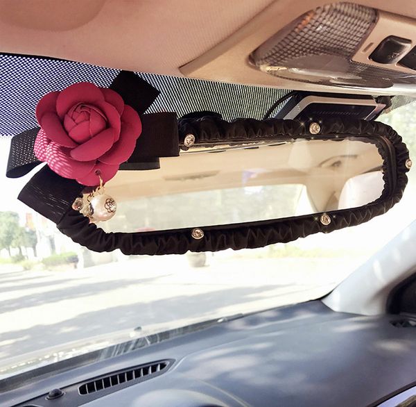 

camellia flower car interior rear view mirror cover leather auto rearview mirror decoration accessories for women and girls