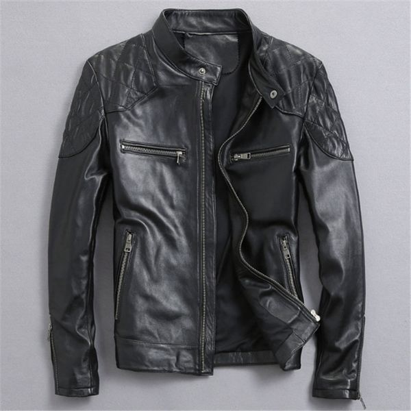 

stand collar short outerwear design flight sheepsuit factory real natural clothing male genuine leather slim motorcycle jackets, Black
