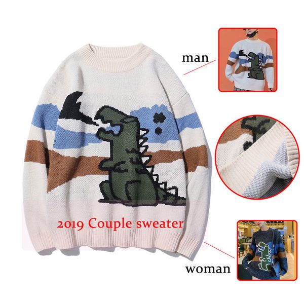 

couple sweater round neck loose dinosaur sweater korean style knitting pull mens harajuku casual outwear men clothes, White;black