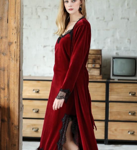 

yao ting explosion section velvet robe autumn and winter ladies long lace side slit skirt robes two-piece wholesale, Black;red