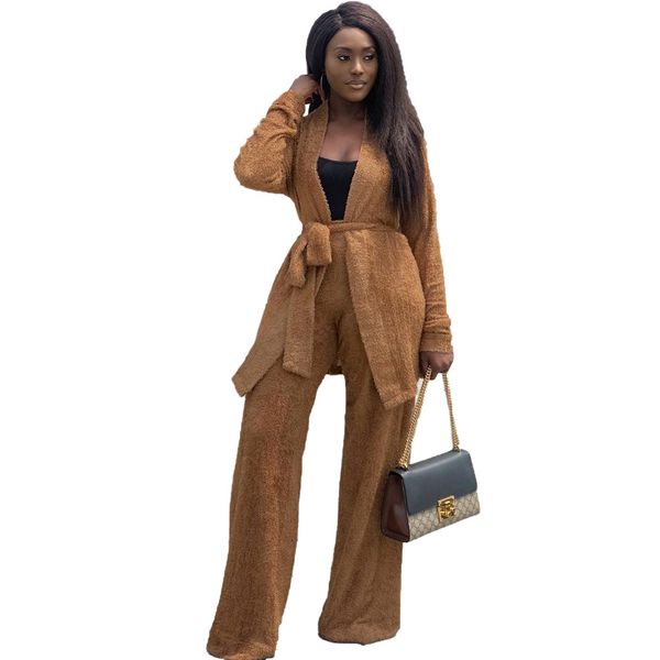 

women long sleeves solid color cardigan belted fluffy coat add long pants trousers casual club party winter plush two piece pants sets, White