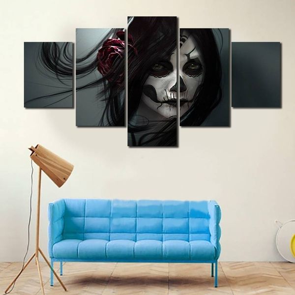 

5pcs/set unframed skull girl coloured drawing on face figure painting on canvas wall art painting picture for living room decor
