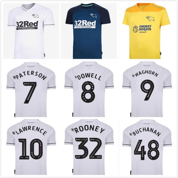 

derby county soccer jerseys 32 rooney 10 lawrence 9 waghorn 8 dowell 7 paterson custom home away kids football shirt thai 2020 2021, Black;yellow