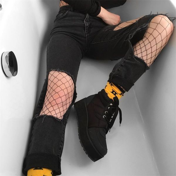 

liser women casual gothic punk black pants hole club solid trousers summer female jeans, Blue