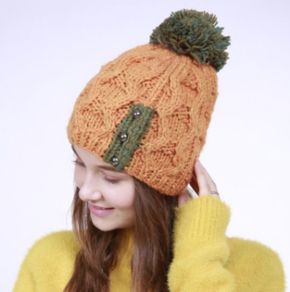 

autumn and winter new fashion hand-woven beanie three small buttons wool ball knitting wool warm female hats wholesales, Blue;gray