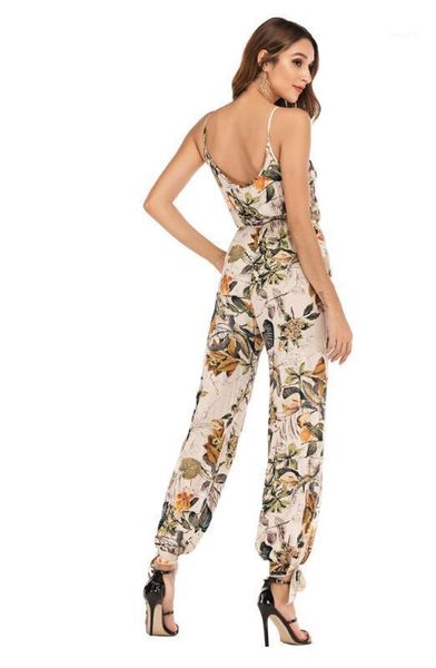 

sleeveless lady backless clothing summer women jumpsuits flora printed deep v neck rompers one piece suits, Black;white