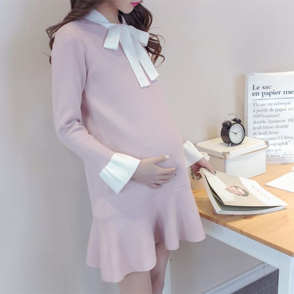 

pregnant dress bow maternity dresses with ruffles knitted pregnancy clothes for pregnant women elegant plus maternity gown, White