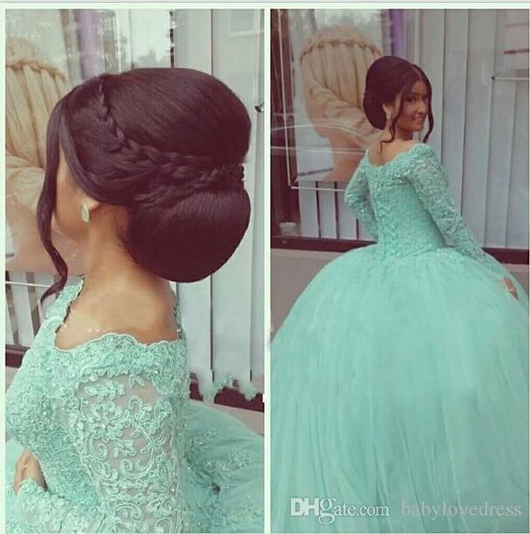 Удивительные мяты Новые зеленые платья Quinceanera Bateau с длинными рукавами аппликации Ball Hone