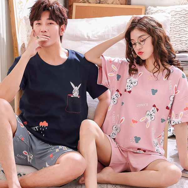 

summer pajamas cotton women's short-sleeved shorts student casual man's pajamas loose plus size 2pcs/set couple sleepware suit, Black;red