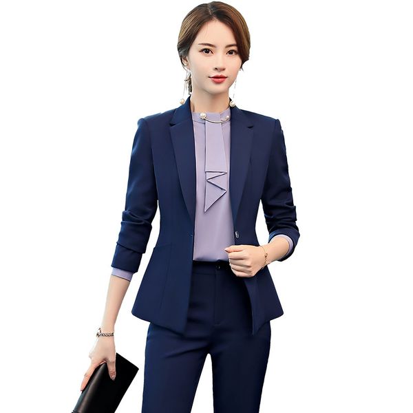 

female elegant business women's and blouses pants suits office ladies blazer trouser work wear 2 pieces set plus size blue, White;black