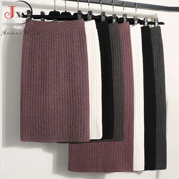 

2020 autumn winter women long skirt elastic waist warm knitted straight slim elegant black pencil skirts faldas jupe femme