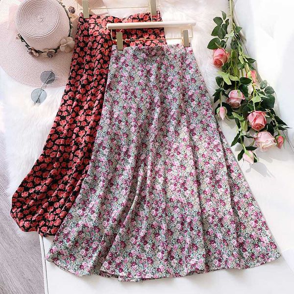 

wasteheart spring black blue women skirt high waist a-line long skirt mid-calf ruffles casual pleated skirts chiffion
