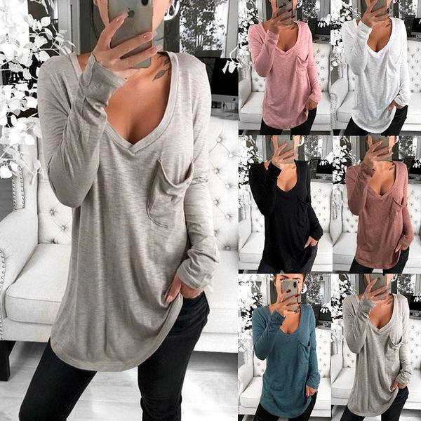 

dhl t-shirt casual long sleeve v-neck summer tunic women's blouses 2019 tee loose egusk, Black