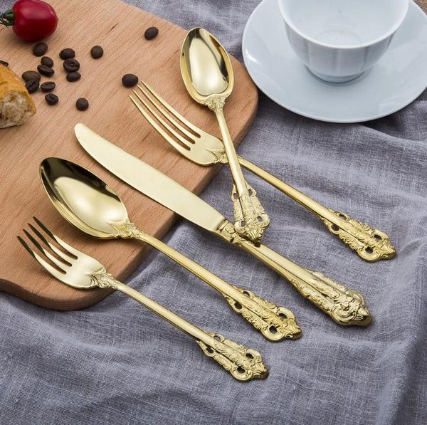 Set di posate in oro stile retrò Set di posate in acciaio inossidabile da 5 pezzi Set di stoviglie coltello forchetta cucchiaio forchetta da dessert cucchiaino da tavola SN3211