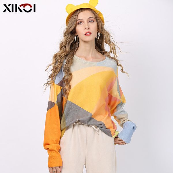 

женский дизайнер xikoi шить печатный свитер большой размер пуловер с длинным рукавом круглый вырез свободный sweater8jxm, Black;brown