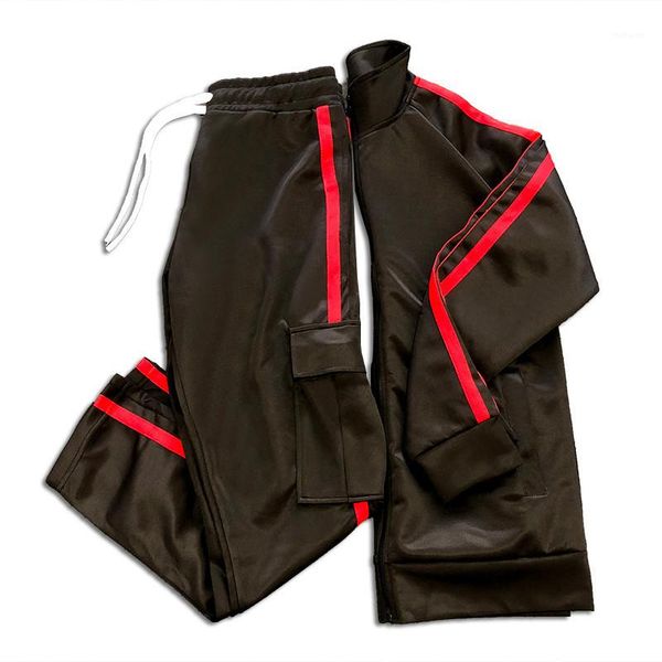 

two piece pants hip hop mens sets streetwear striped patchwork mens designer tracksuits autumn winter stand collar, Gray