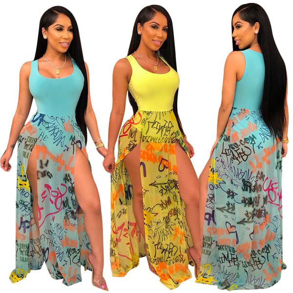 

письмо печатный sexy boho длинное платье для женщин сетка сращены высокий сплит пляжный сарафан summer o шеи платье без рукавов перспективы, White;black