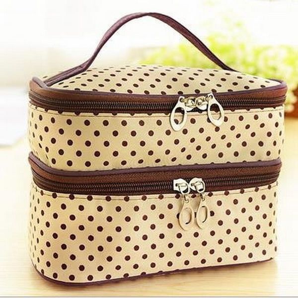 

double makeup bags women dot print case travel cosmetic outdoor bags hand bag handbag tool travel toiletry