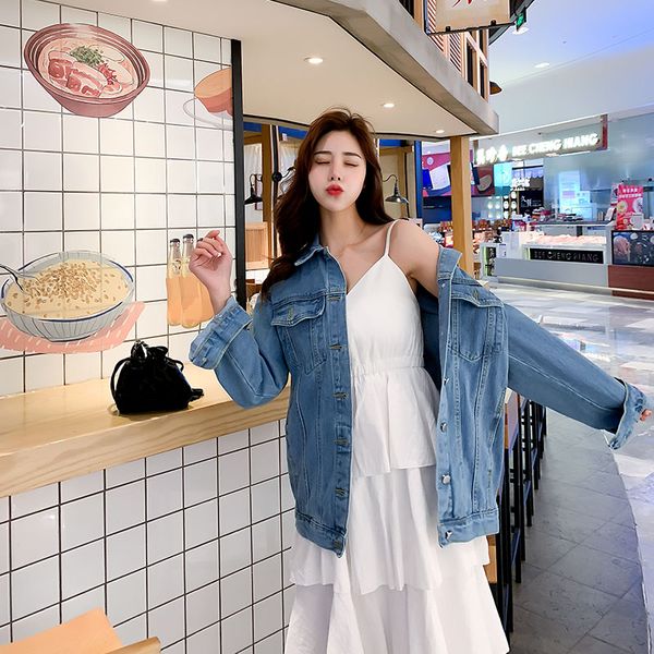 

solid turn-down collar jean jacket for women loose casual blue fashionable women coats female outwear denim feminine, Black;brown