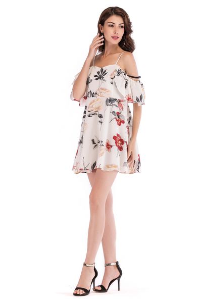 

весна и осень новая женская одежда новое цветочное шифоновое пляжное платье с открытыми плечами женское тонкое платье с v-образным вырезом и, Black;gray