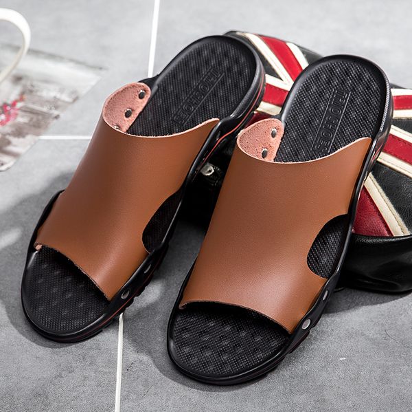 

cimim brand summer genuine leather flip flops men business casual office slippers men big size outdoor beach shoes fashion, Black