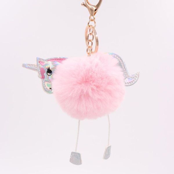 

10pcs/lot cute horse unicorn fluffy balls key ring girls fashion jewelry party favors keychains baby shower for women bags key chains, Slivery;golden