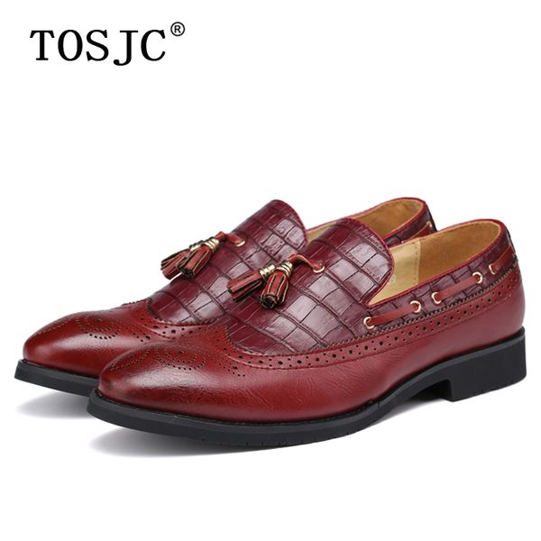 

tosjc men casual tassel loafers crocodile pattern slip on brogue formal shoe man geniune leather banquet carved business oxfords, Black