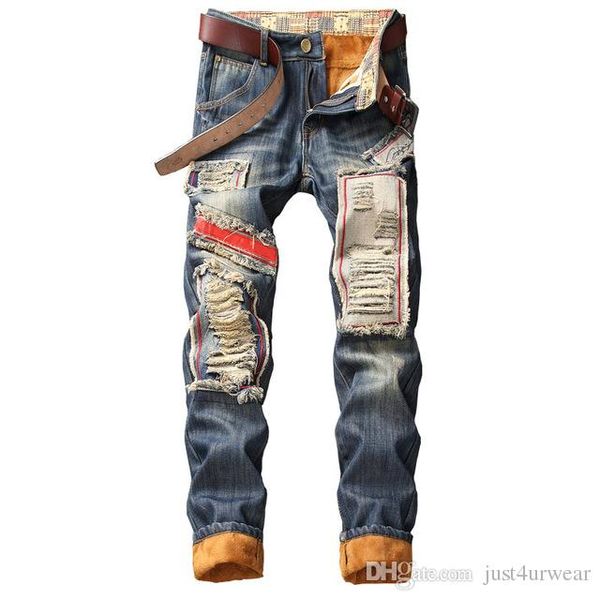 

men's warm lined destroyed ripped biker jeans trousers thick thermal denim distressed jeans for men jeans pants, Blue