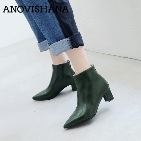 

anovishananew autumn winter woman boots high heels women pu leather 5cm thick heel ankle boots zipper pointed toe shoes, Black
