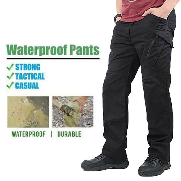 

men waterproof work cargo long pants with pockets loose trousers aic88, Black