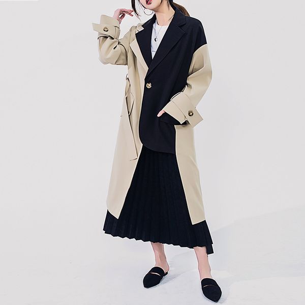 

ewq]england style single-breasted trench coat slim outwear long sleeve patchwork loose windbreaker female 2019 autumn new tc015, Tan;black