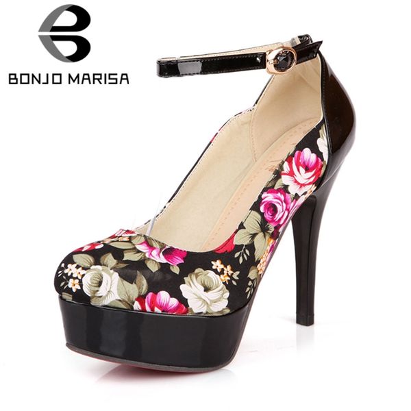 

bonjomarisa women flower print party wedding shoes woman high heel platform ankle strap buckle up pumps big size 32-42, Black