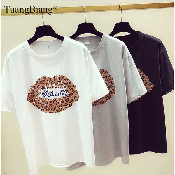 

leopard kiss print ladies 2020 spring summer cotton t shirts femme short sleeve creative tee women round neck loose tshirts, White