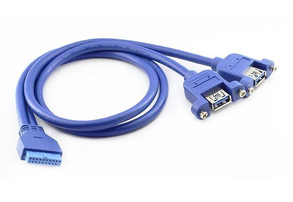 Atacado-pc caso de computador interno 19pin feminino para 2 portas USB 3.0 tipo a fêmea parafuso bloqueio painel de montagem cabo azul 50cm 20