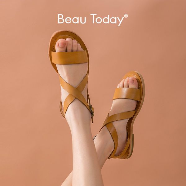 

sandals beautoday gladiator women calfskin genuine leather cross-tied brownish yellow summer beach ladies flat shoes 3207026, Black