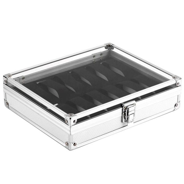 Nützliche Aluminium-Uhrenbox mit 12 Gitterfächern, Schmuckuhren-Display, Aufbewahrungsbox, quadratisches Gehäuse, Wildleder innen, rechteckiger Uhrenhalter2688