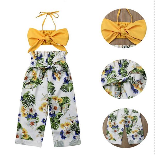

kids baby girl clothes sets summer 1-5y fashion girl sleeveless halter bow crop +floral wide leg pants 2pcs outfits, White