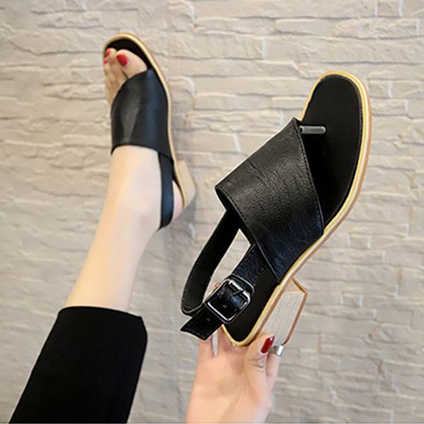 

woman buckle strap sandals women flip flops women's thick heel female elegant shoes ladies fashion solid footwear plus size, Black