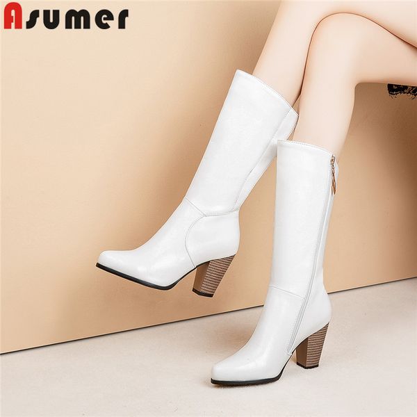 

asumer plus size 34-48 fashion mid calf boots thick high heels shoes round toe zip female boots classic autumn winter 2020, Black
